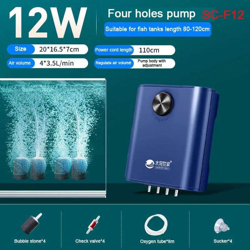 image-Silent Aquarium Oxygen Air Pump with Check Valve Fish Tank Four Outlet Large Oxygenator Aquarium Air Compressor Aerator 220v 14w