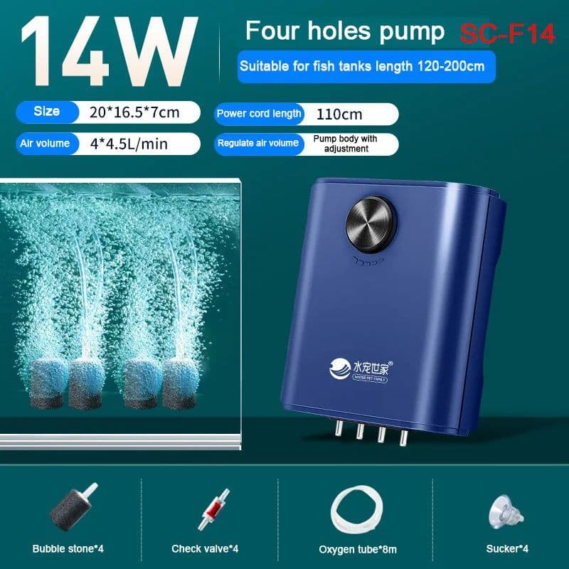 image-Silent Aquarium Oxygen Air Pump with Check Valve Fish Tank Four Outlet Large Oxygenator Aquarium Air Compressor Aerator 220v 14w