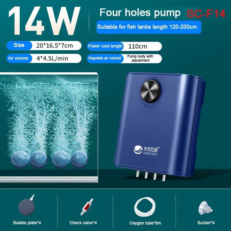 image-Silent Aquarium Oxygen Air Pump with Check Valve Fish Tank Four Outlet Large Oxygenator Aquarium Air Compressor Aerator 220v 14w