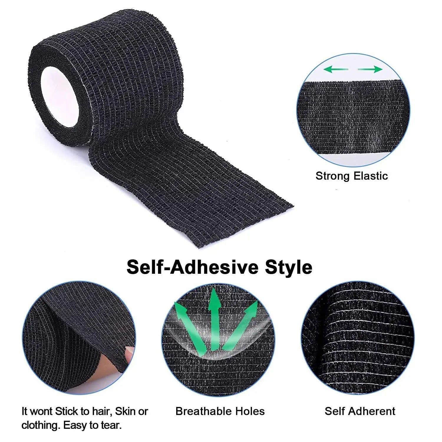 image-Black EZ Disposable 2''x5 Yards Tattoo Grip Cover Wrap Waterproof Self-Adhesive Bandage Roll for Tattoo Machine Grip Tube