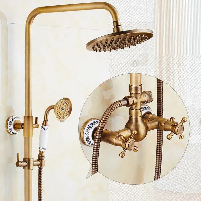 image-Luxury NEW Bathroom Surface Mount Brass Rainfall Shower Faucet Set Antique Brass with Handshower + Tub Spout + 8" shower head