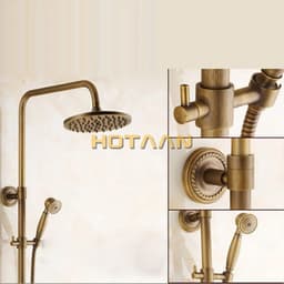 image-Luxury NEW Bathroom Surface Mount Brass Rainfall Shower Faucet Set Antique Brass with Handshower + Tub Spout + 8" shower head