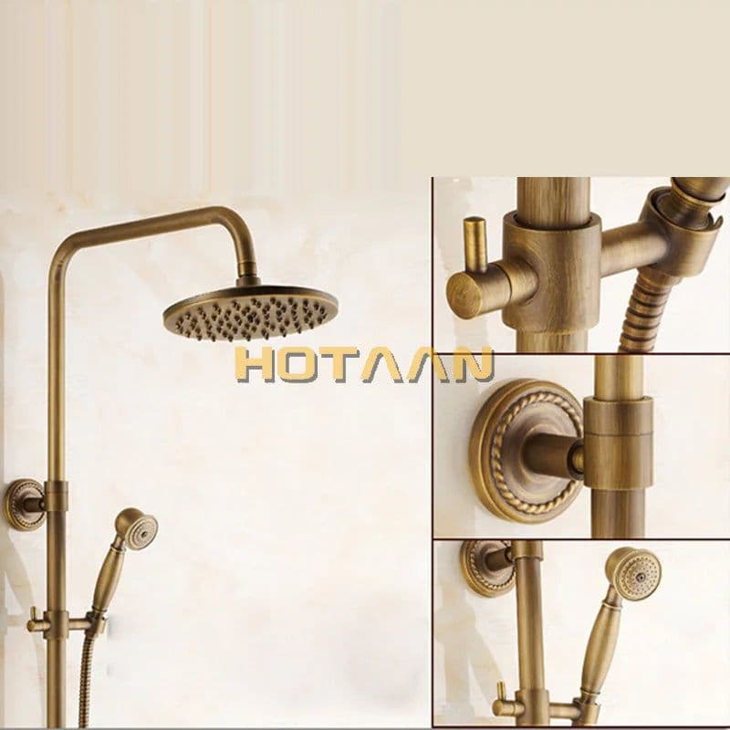 image-Luxury NEW Bathroom Surface Mount Brass Rainfall Shower Faucet Set Antique Brass with Handshower + Tub Spout + 8" shower head