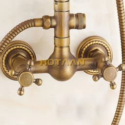 image-Luxury NEW Bathroom Surface Mount Brass Rainfall Shower Faucet Set Antique Brass with Handshower + Tub Spout + 8" shower head