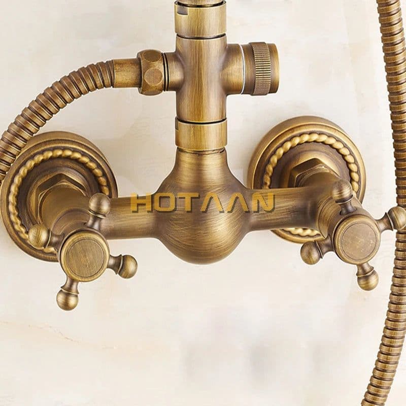 image-Luxury NEW Bathroom Surface Mount Brass Rainfall Shower Faucet Set Antique Brass with Handshower + Tub Spout + 8" shower head