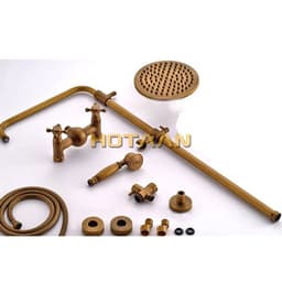 image-Luxury NEW Bathroom Surface Mount Brass Rainfall Shower Faucet Set Antique Brass with Handshower + Tub Spout + 8" shower head