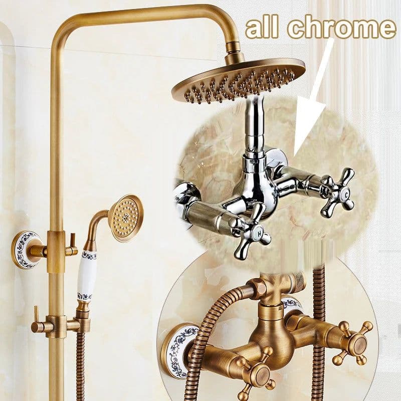 image-Luxury NEW Bathroom Surface Mount Brass Rainfall Shower Faucet Set Antique Brass with Handshower + Tub Spout + 8" shower head