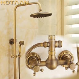 image-Luxury NEW Bathroom Surface Mount Brass Rainfall Shower Faucet Set Antique Brass with Handshower + Tub Spout + 8" shower head