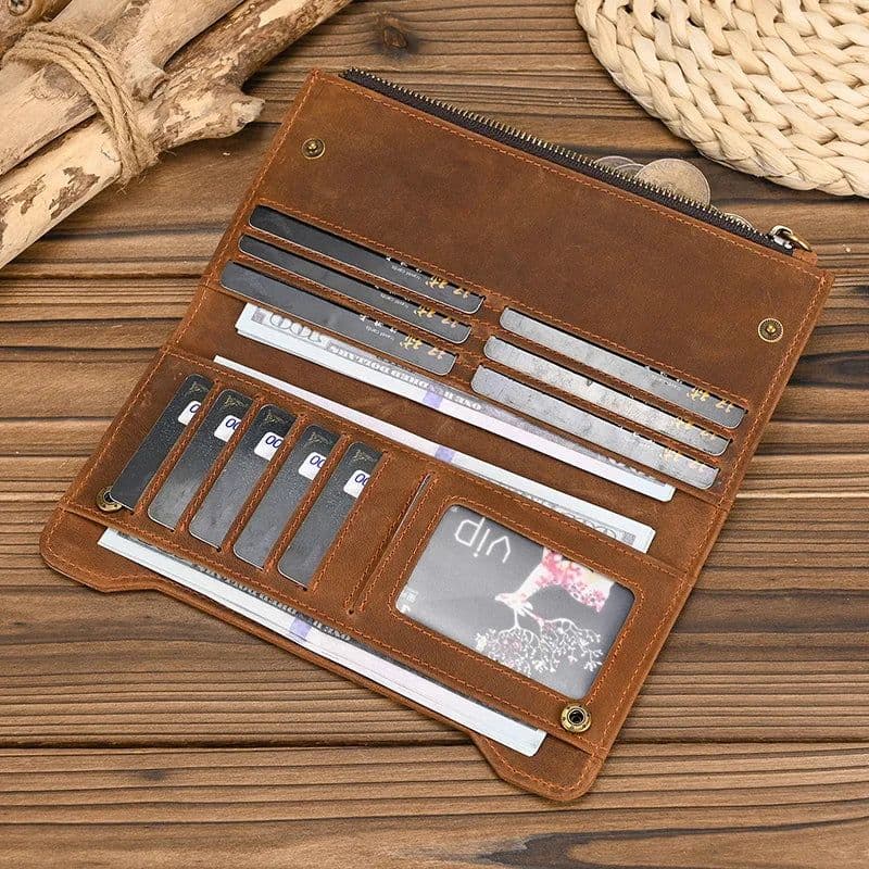 image-Genuine leather cash wallets vintage leather purse men women clip purse wallet luxury brand designer long wallet for male female