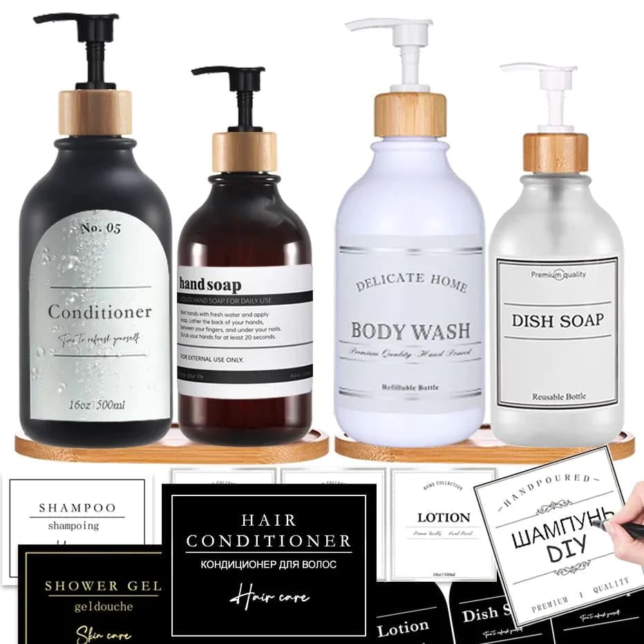 image-300/500ml Bathroom Soap Dispenser Bottle Shampoo Shower Gel Bottle Press Type Refillable Empty Glossy Bottle Waterproof Labels