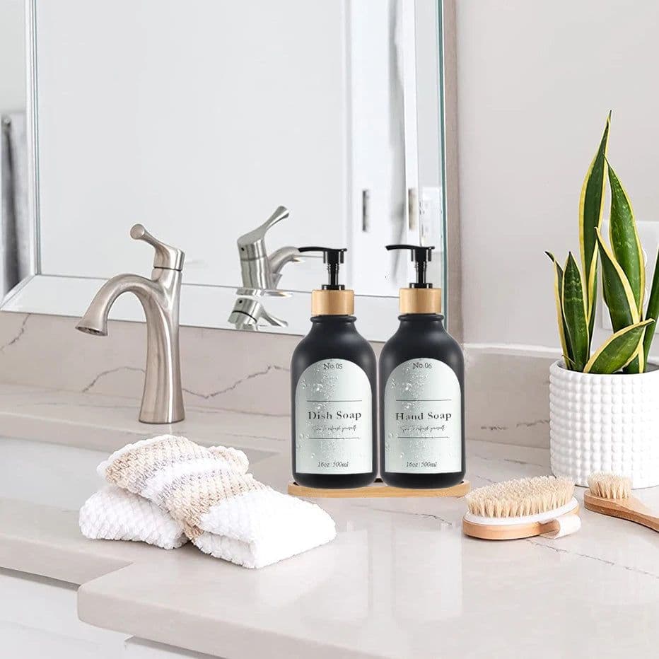 image-300/500ml Bathroom Soap Dispenser Bottle Shampoo Shower Gel Bottle Press Type Refillable Empty Glossy Bottle Waterproof Labels