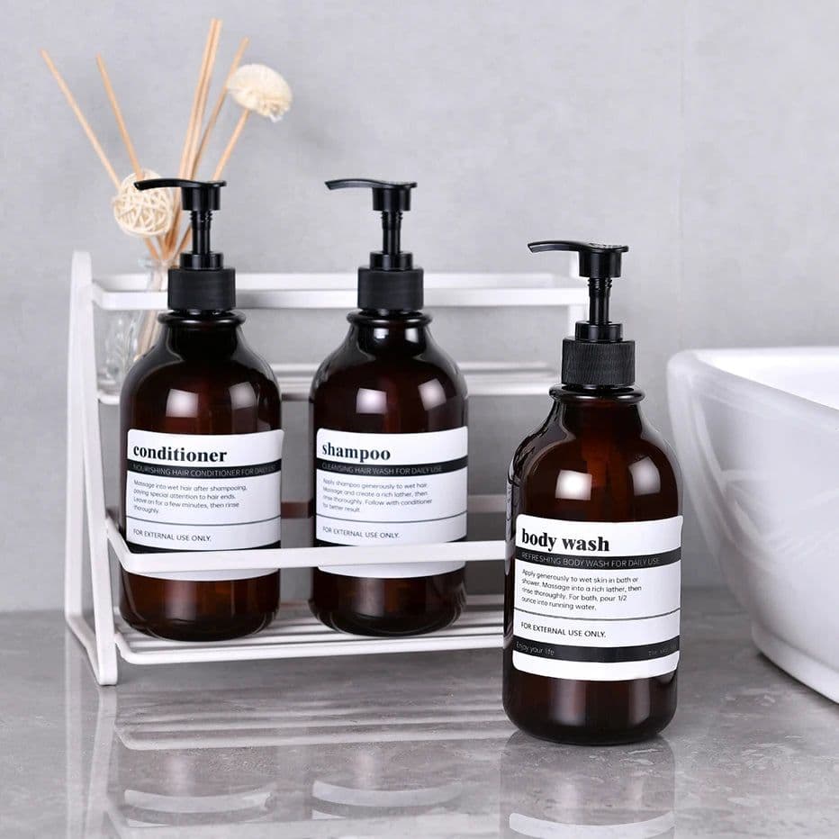 image-300/500ml Bathroom Soap Dispenser Bottle Shampoo Shower Gel Bottle Press Type Refillable Empty Glossy Bottle Waterproof Labels