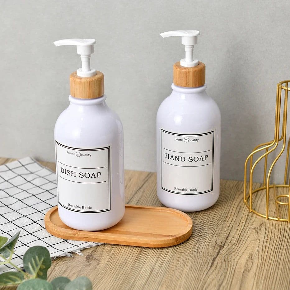image-300/500ml Bathroom Soap Dispenser Bottle Shampoo Shower Gel Bottle Press Type Refillable Empty Glossy Bottle Waterproof Labels