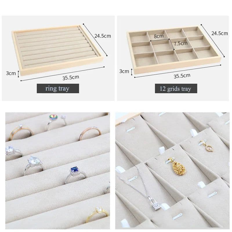 image-Unique-Beige Velvet Necklace Ring Earring Holder Newly Wooden Jewelry Tray Series Jewelry Disply Jewellery Organizer Box