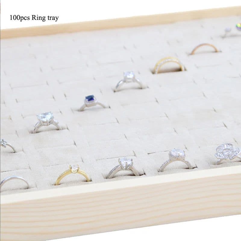 image-Unique-Beige Velvet Necklace Ring Earring Holder Newly Wooden Jewelry Tray Series Jewelry Disply Jewellery Organizer Box