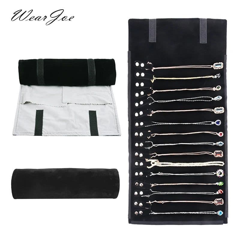 image-Luxury Velvet Chain Jewelry Storage Roll Bag Pendant Necklace Organizer Pouch Watch Bracelet Display Holder Travel Case Portable