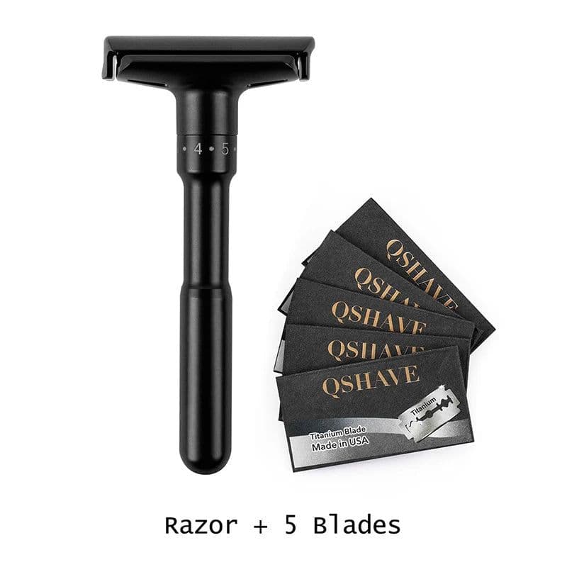 image-QShave Luxurious Black Adjustable Safety Razor Can Design Name on It Classic Stand Safety Razor Men Shaving 5 Gift Blades