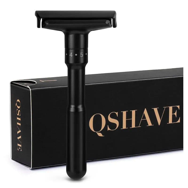 image-QShave Luxurious Black Adjustable Safety Razor Can Design Name on It Classic Stand Safety Razor Men Shaving 5 Gift Blades