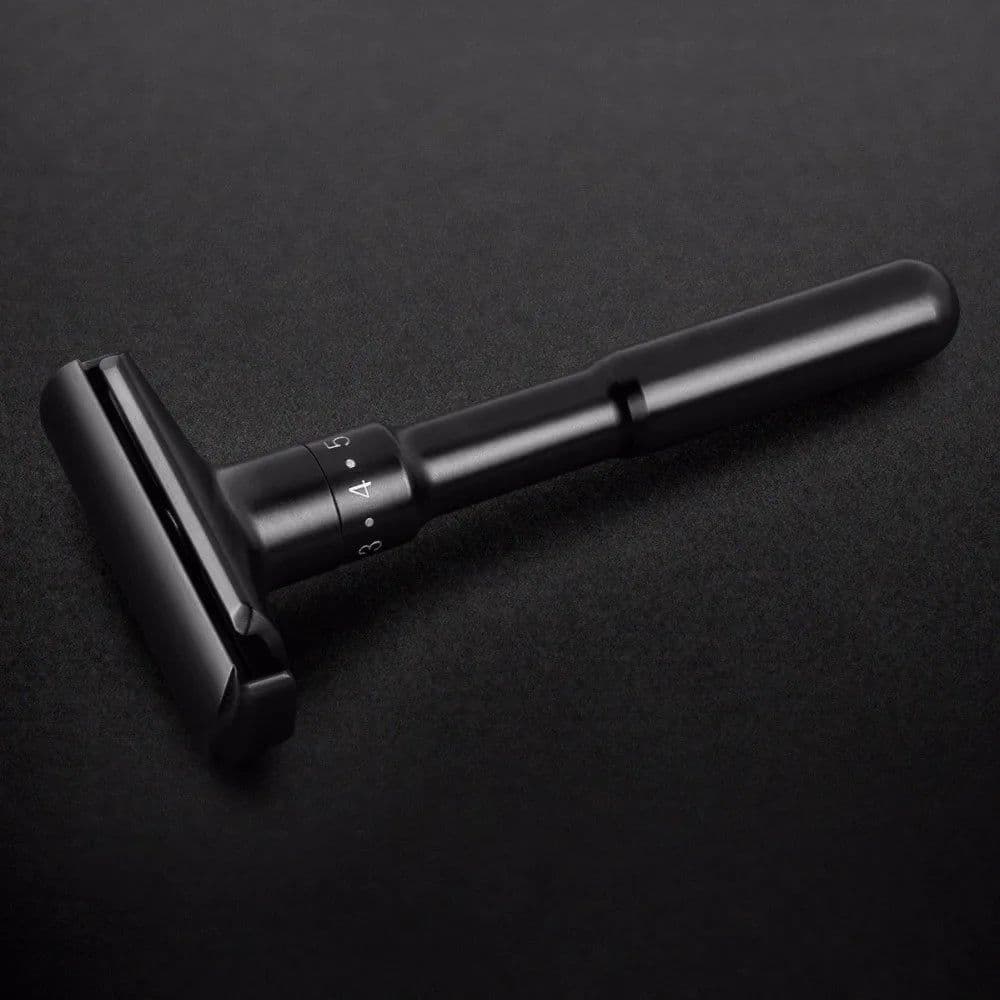 image-QShave Luxurious Black Adjustable Safety Razor Can Design Name on It Classic Stand Safety Razor Men Shaving 5 Gift Blades