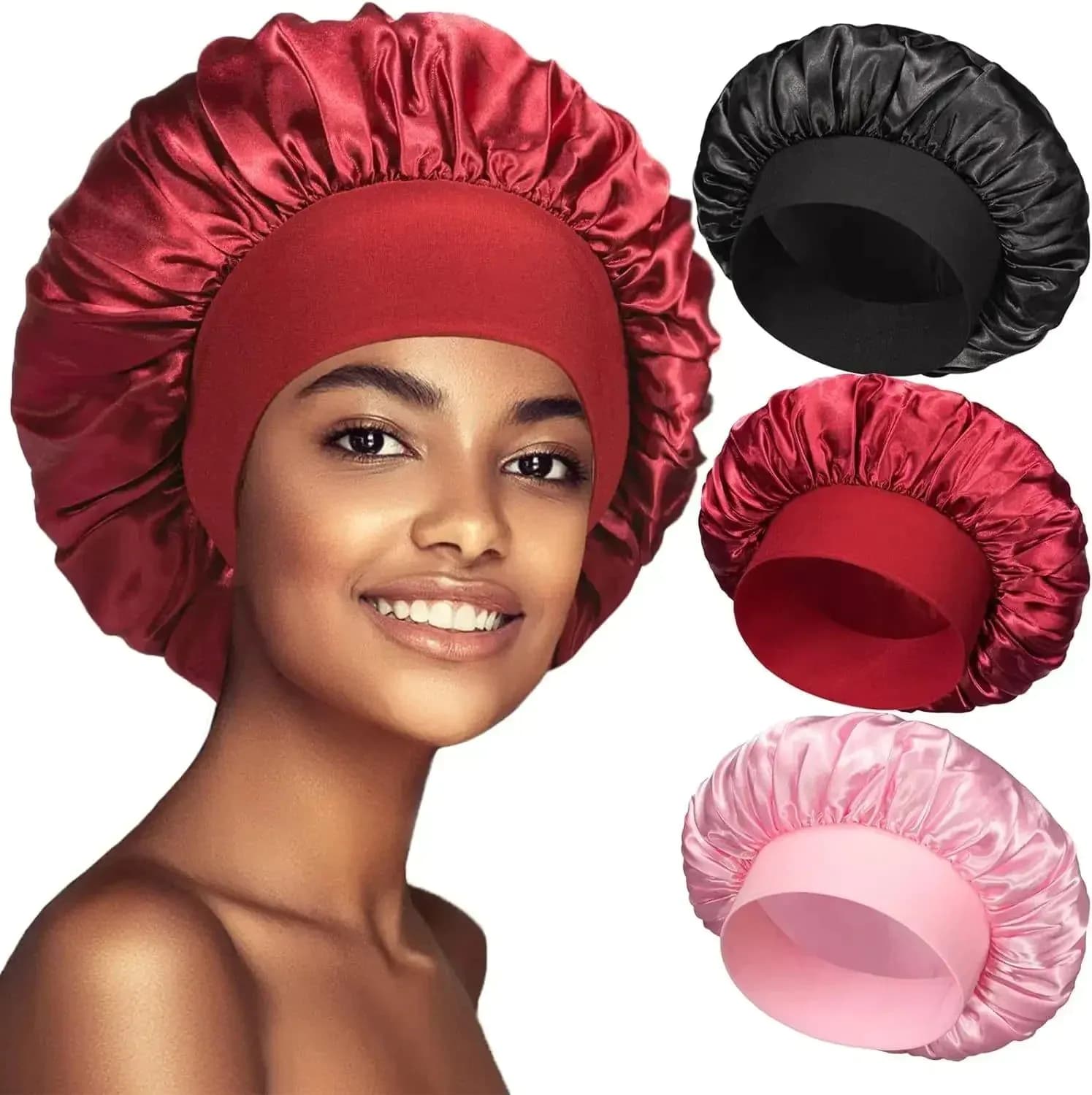 image-Women's Silk Bonnet for Sleeping Double-layer Adjustable Hood Capbath Cap Chemotherapy Cap Styling Cap Hair Wrapping Tool