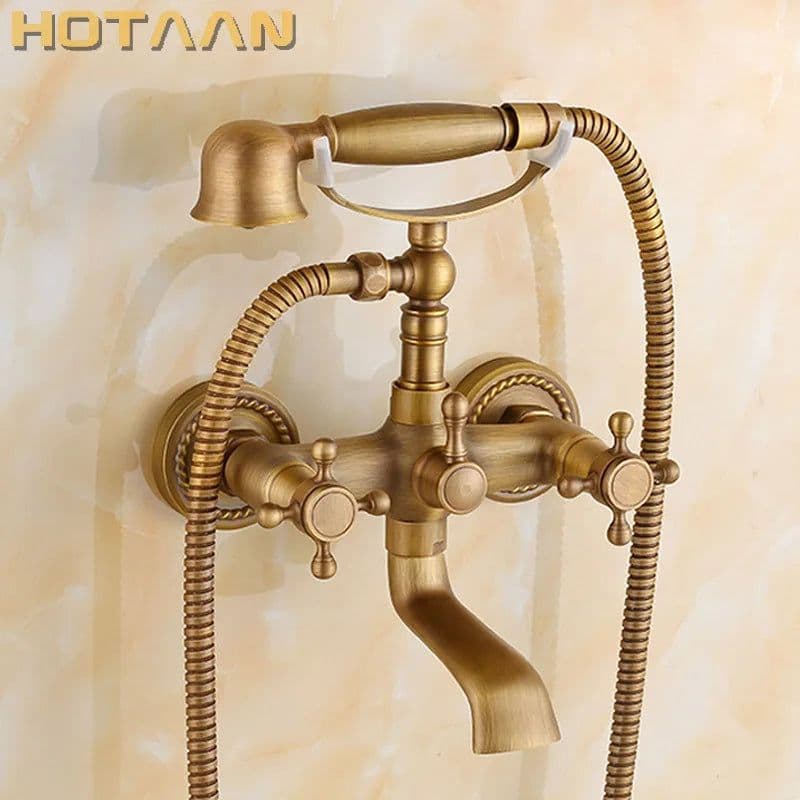 image-Bathroom Bath Tub Wall Mounted Hand Held Antique Brass Shower Head Kit Copper Chrome Shower Faucet Mixer Sets
