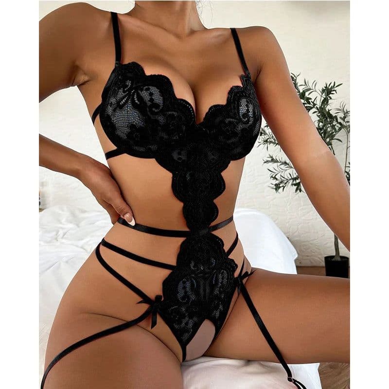 image-Blue Halter Bra Set Women Sexy Lingerie Sets Solid Mesh Lace Patchwork Woman Underwear Set With Garter Belts Hot Erotic Costumes