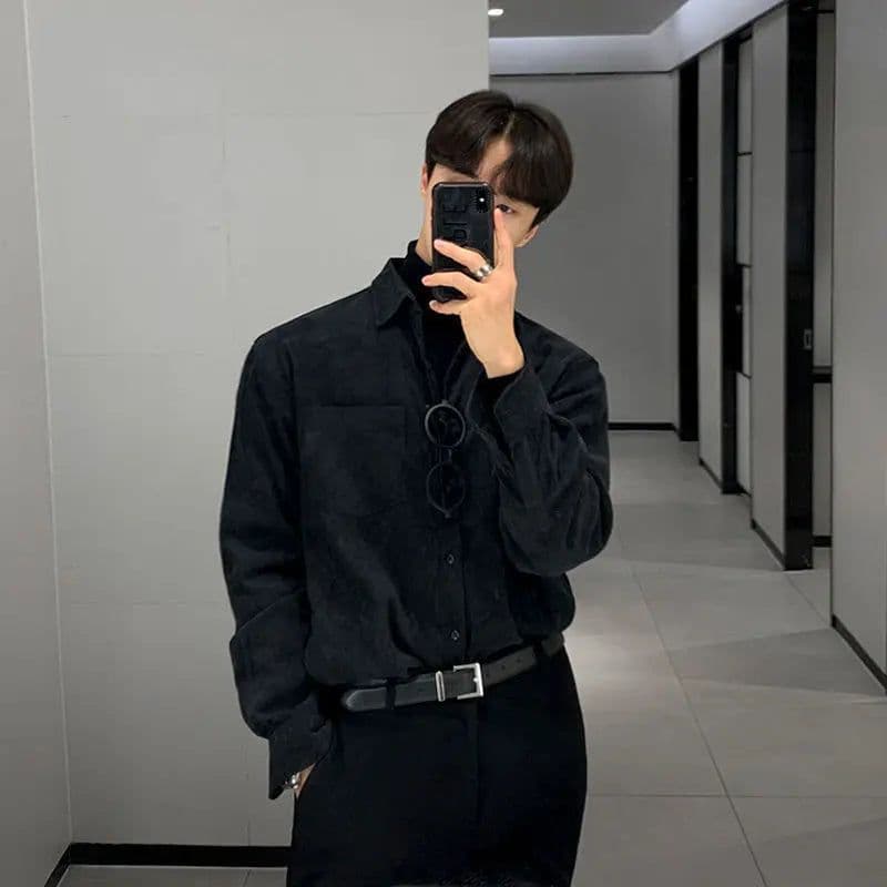 image-2023 New Long Sleeve Corduroy Shirts for Men Button Pocket Solid Color Retro Autumn Korean Fashion Casual Loose Shirt Jacket