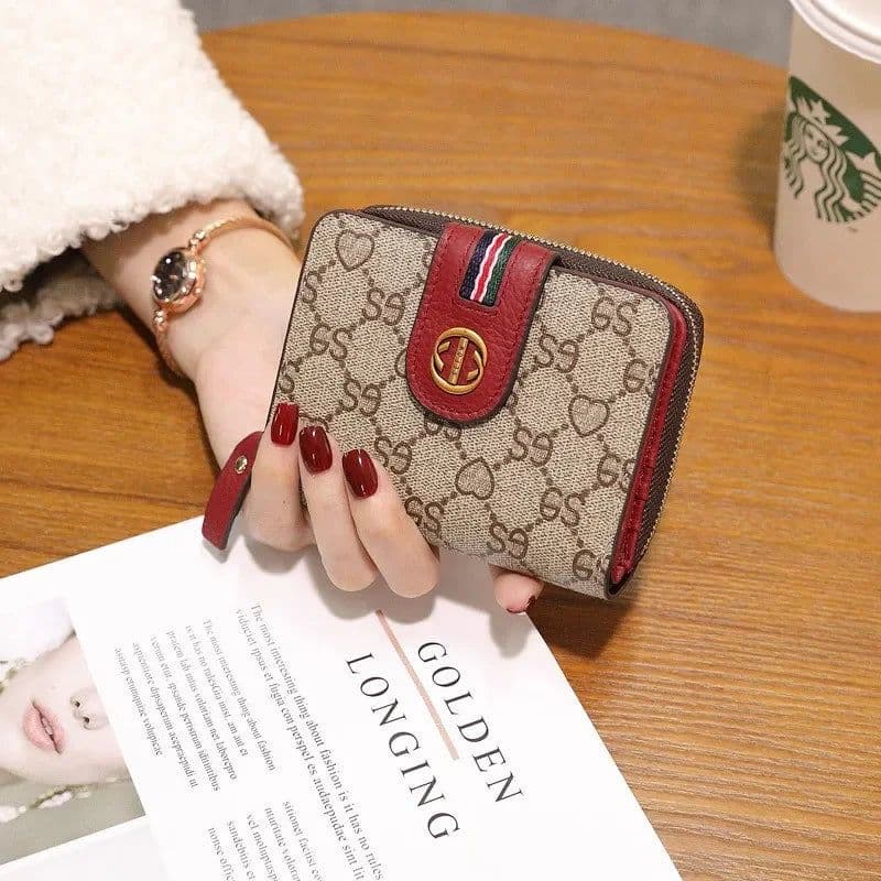 image-Wallet Women Cow Leather Flower Printing Ladies Wallets Short ID Card Holder Vintage Fashion Zipper Portable Money Bag Purses