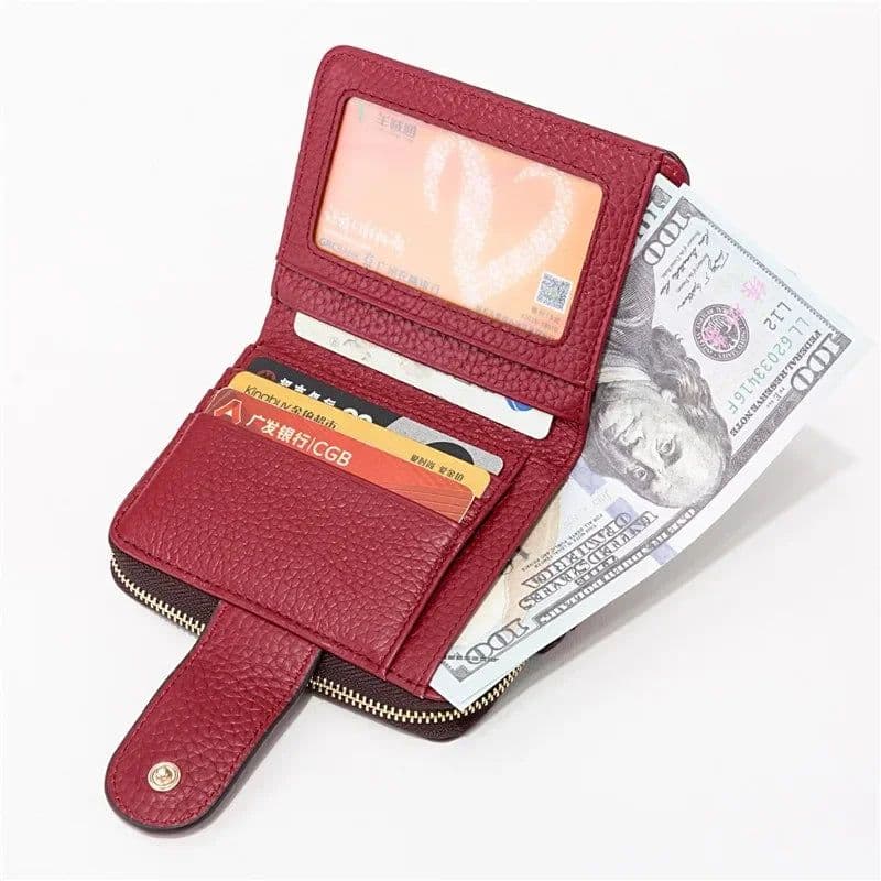 image-Wallet Women Cow Leather Flower Printing Ladies Wallets Short ID Card Holder Vintage Fashion Zipper Portable Money Bag Purses