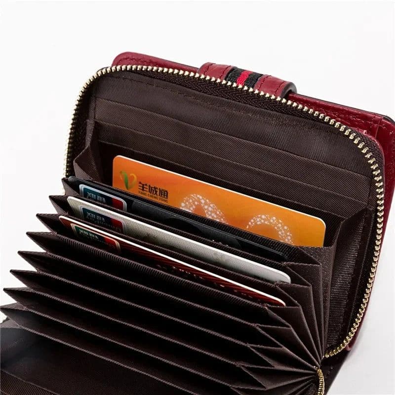 image-Wallet Women Cow Leather Flower Printing Ladies Wallets Short ID Card Holder Vintage Fashion Zipper Portable Money Bag Purses
