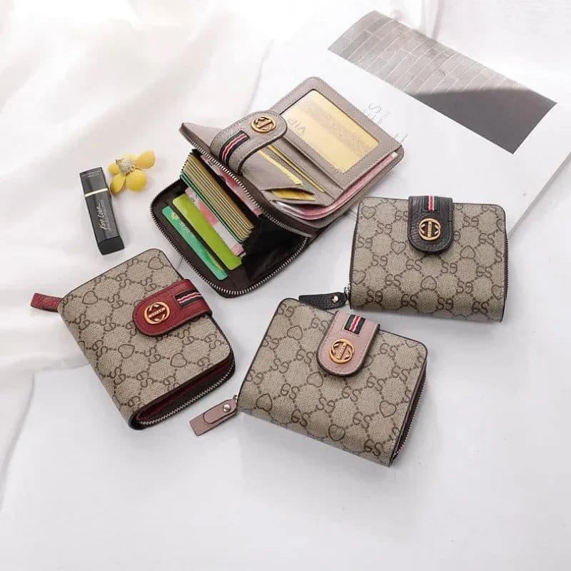 image-Wallet Women Cow Leather Flower Printing Ladies Wallets Short ID Card Holder Vintage Fashion Zipper Portable Money Bag Purses