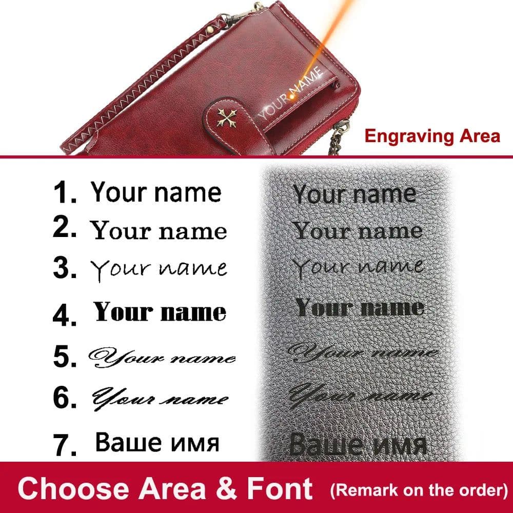 image-Customized Women Wallets Name Engraving Fashion Long PU Leather Quality Card Holder Classic Female Purse Zipper Wallet For Women