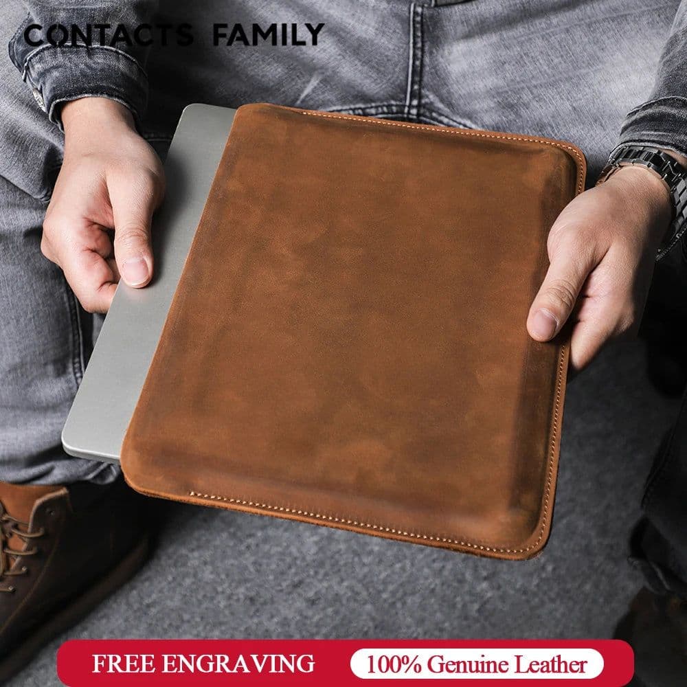 image-CONTACTS FAMILY Retro Leather Laptop Sleeve Case For Macbook Pro Air M2 M3 13 14 16 Inch Cover HP DELL XPS 13 Notebook Bag Men