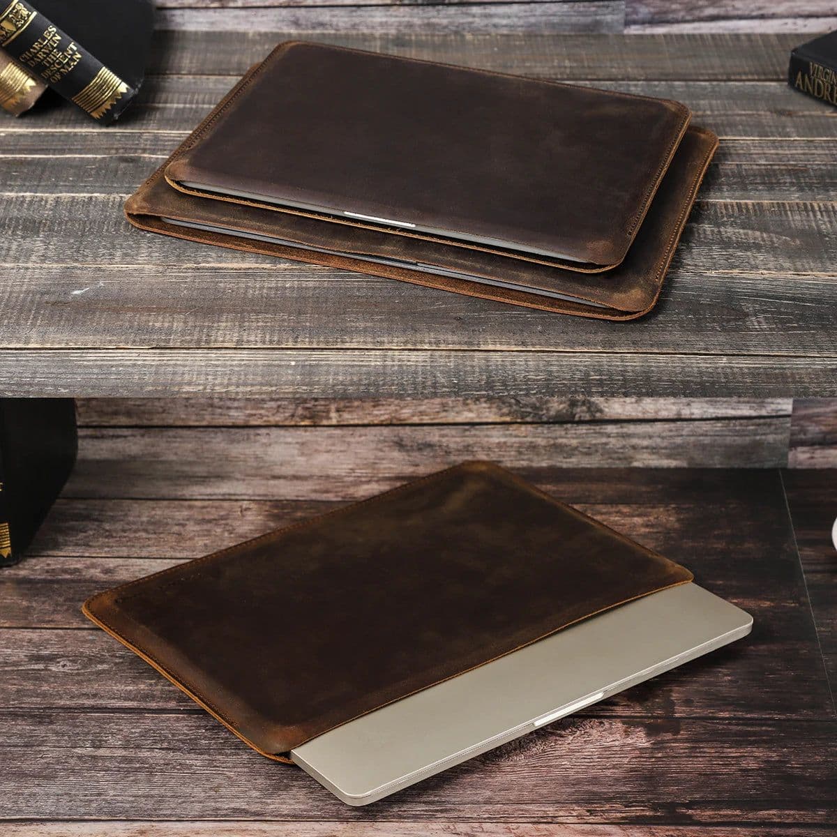 image-CONTACTS FAMILY Retro Leather Laptop Sleeve Case For Macbook Pro Air M2 M3 13 14 16 Inch Cover HP DELL XPS 13 Notebook Bag Men