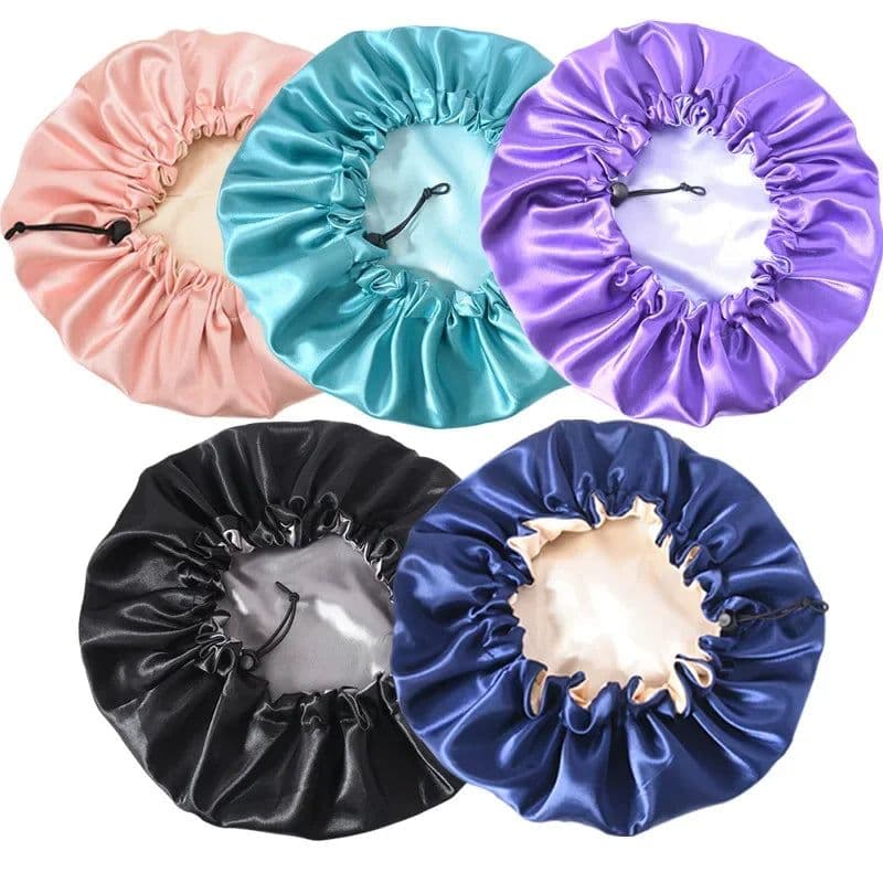 image-Adjustable Nightcap Double Layer Satin Bonnet Curly Elastic Hair Cap Haircare Women Headwear Night Hat Fashion Styling Accessory