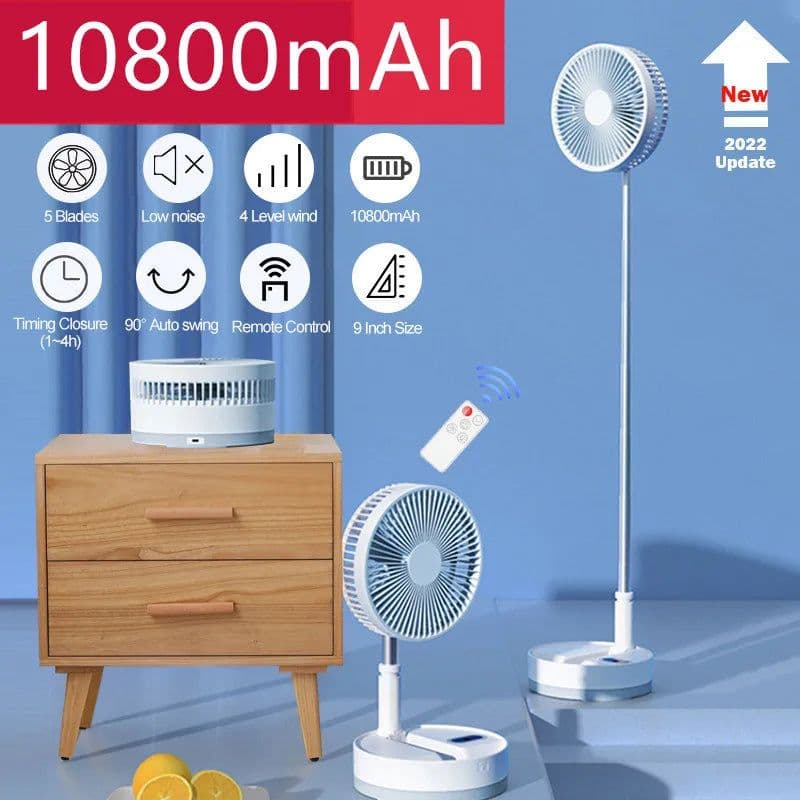 image-P10 10800mAh Folding Portable Fan USB Remote Control Air Cooler Silent Rechargeable Wireless Floor Standing Fan for Camping Desk