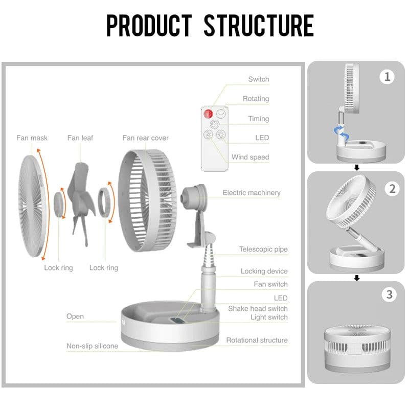 image-P10 10800mAh Folding Portable Fan USB Remote Control Air Cooler Silent Rechargeable Wireless Floor Standing Fan for Camping Desk