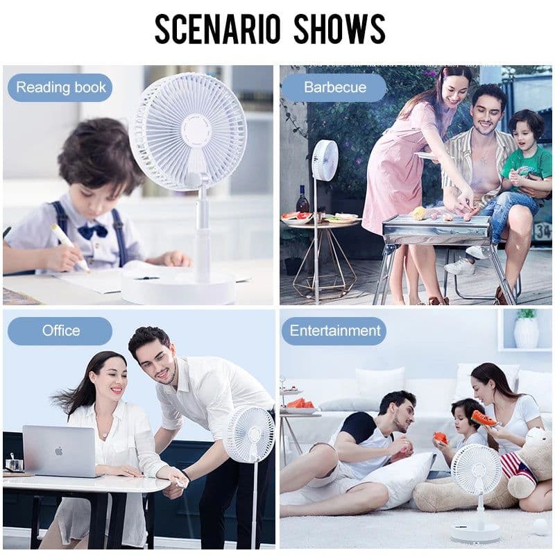 image-P10 10800mAh Folding Portable Fan USB Remote Control Air Cooler Silent Rechargeable Wireless Floor Standing Fan for Camping Desk