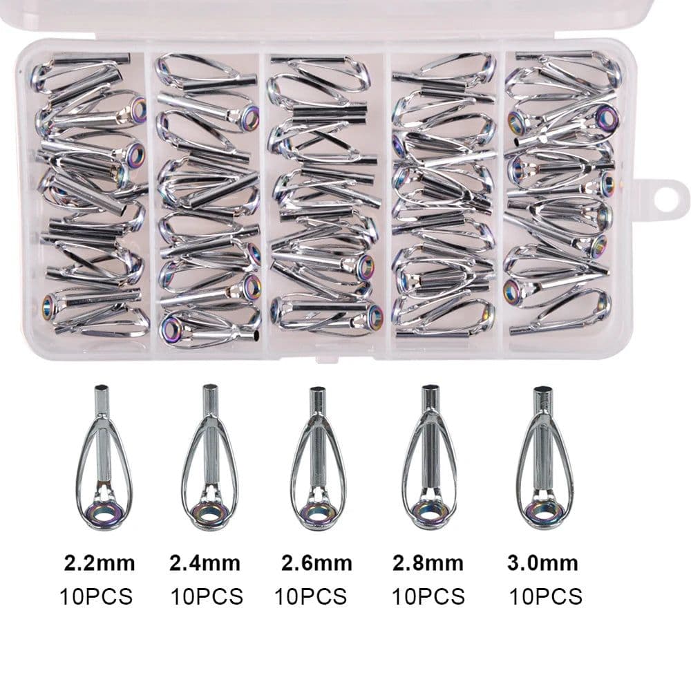 image-50/100PCS Fishing Rod Tips Repair Kit Rod Top Tip Replacement stainless steel Ceramic Ring Fishing Pole eyelets repair kit