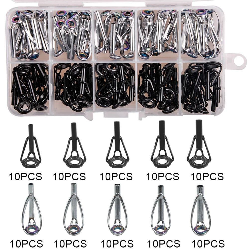 image-50/100PCS Fishing Rod Tips Repair Kit Rod Top Tip Replacement stainless steel Ceramic Ring Fishing Pole eyelets repair kit
