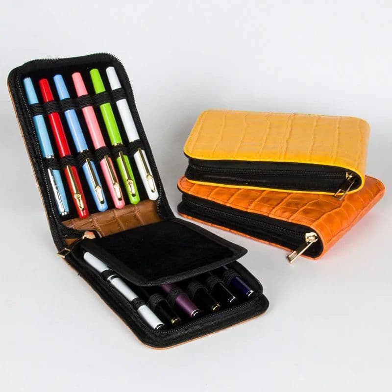 image-High Quality Top Great Black Brown Leather Pencil Case For 12 Fountain Or Roller Ball Pen Case