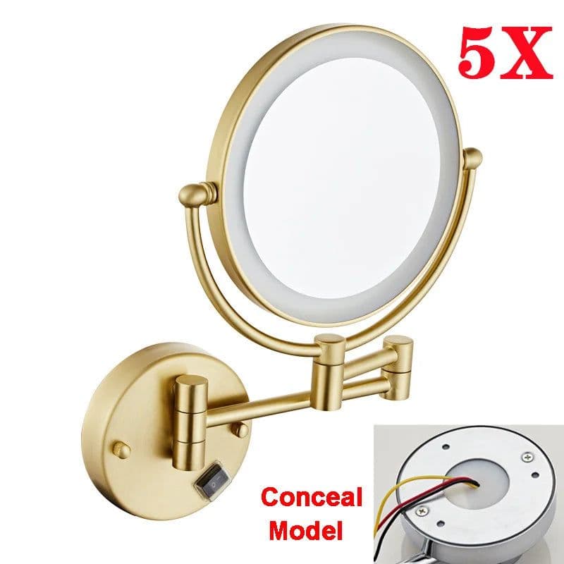 image-Brushed Gold LED Bathroom Mirrors Quality Brass Folding Magnifying Hotel Bathroom Makeup Mirror LED Light Bathroom Mirrors