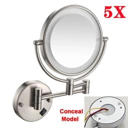 image-Brushed Gold LED Bathroom Mirrors Quality Brass Folding Magnifying Hotel Bathroom Makeup Mirror LED Light Bathroom Mirrors