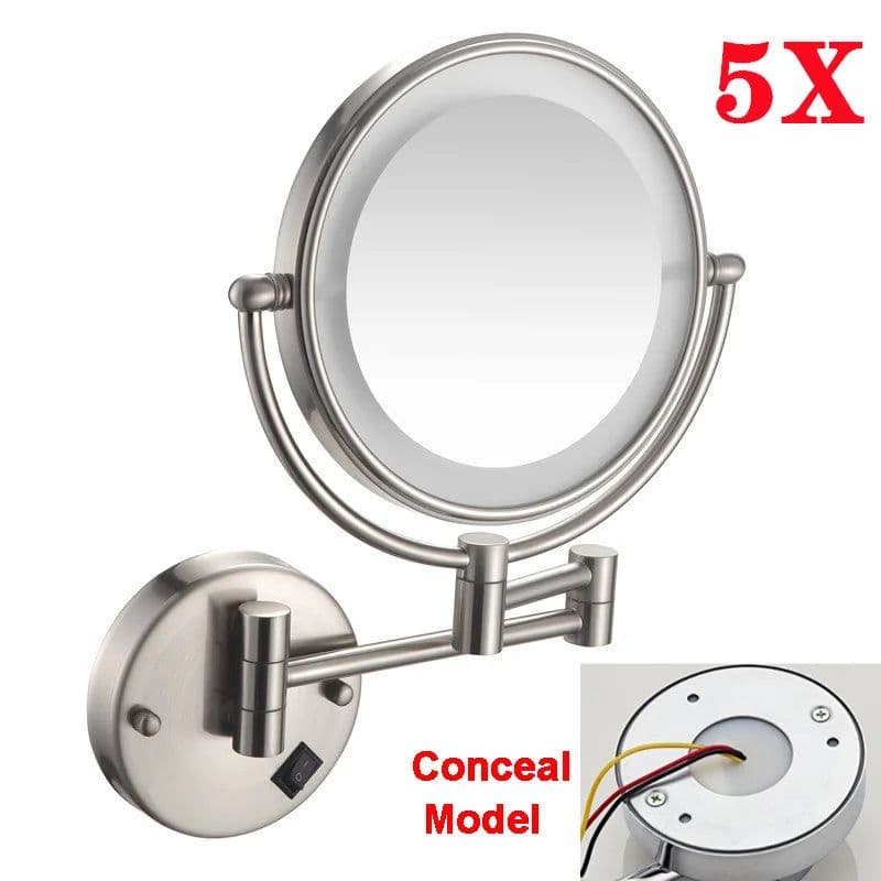 image-Brushed Gold LED Bathroom Mirrors Quality Brass Folding Magnifying Hotel Bathroom Makeup Mirror LED Light Bathroom Mirrors