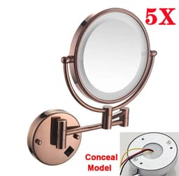 image-Brushed Gold LED Bathroom Mirrors Quality Brass Folding Magnifying Hotel Bathroom Makeup Mirror LED Light Bathroom Mirrors