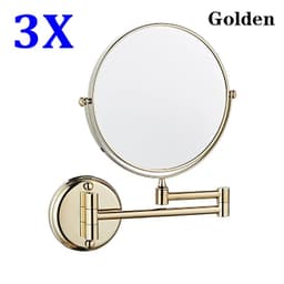 image-Brushed Gold LED Bathroom Mirrors Quality Brass Folding Magnifying Hotel Bathroom Makeup Mirror LED Light Bathroom Mirrors