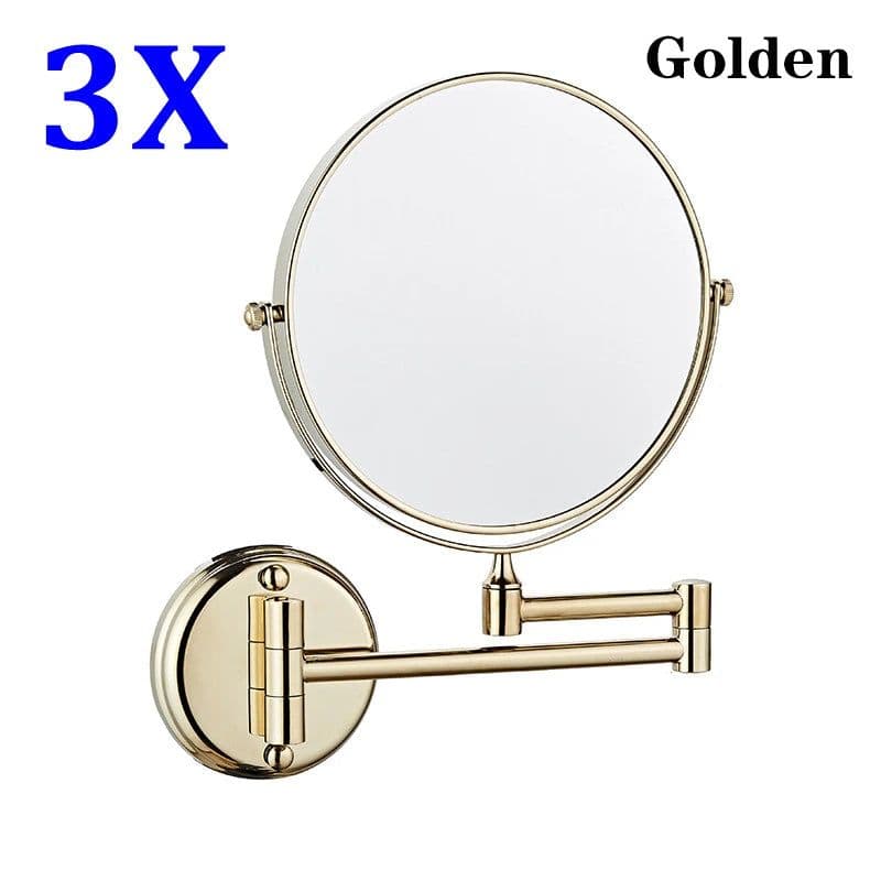 image-Brushed Gold LED Bathroom Mirrors Quality Brass Folding Magnifying Hotel Bathroom Makeup Mirror LED Light Bathroom Mirrors