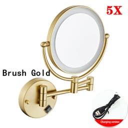 image-Brushed Gold LED Bathroom Mirrors Quality Brass Folding Magnifying Hotel Bathroom Makeup Mirror LED Light Bathroom Mirrors