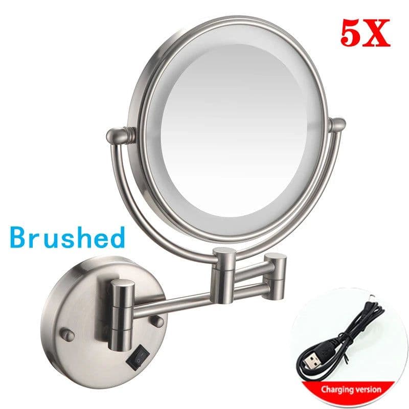 image-Brushed Gold LED Bathroom Mirrors Quality Brass Folding Magnifying Hotel Bathroom Makeup Mirror LED Light Bathroom Mirrors