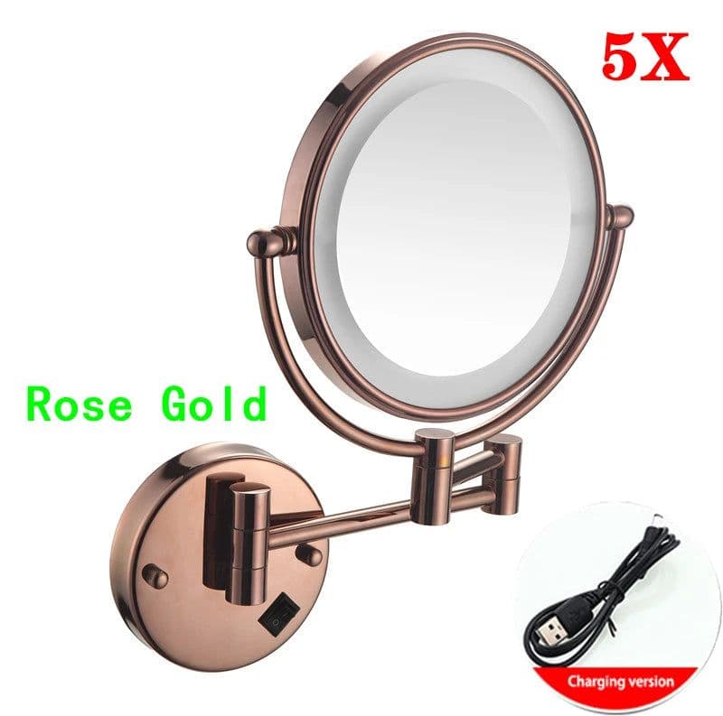 image-Brushed Gold LED Bathroom Mirrors Quality Brass Folding Magnifying Hotel Bathroom Makeup Mirror LED Light Bathroom Mirrors